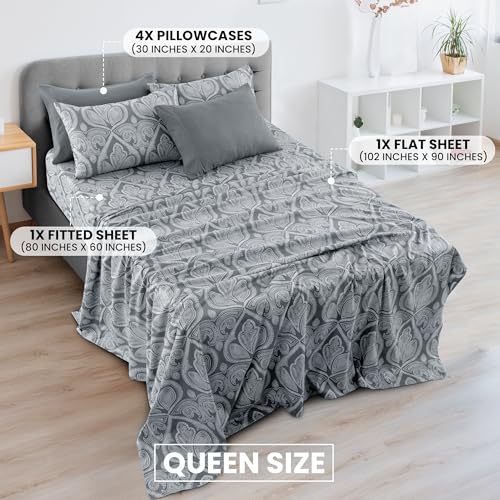 LUX Décor Paisley Queen Sheet Set – 6 Piece Ultra-Soft Microfiber Bed Sheets with Flat Sheet, 16 Inches Deep Pocket Fitted Sheet & 4 Pillowcases, Breathable, Bedroom Decor, Oeko-TEX – Grey
