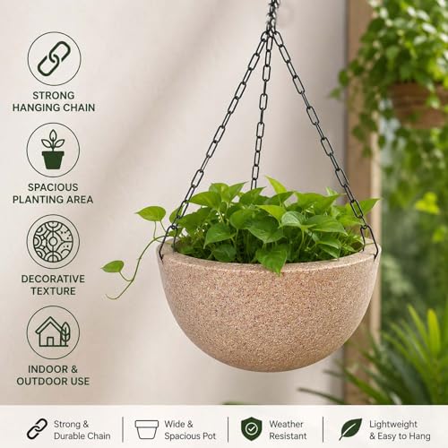 Image of Go Hooked Henri Hanging Planter Pot for Indoor & Outdoor Plants Pack of 5 | 7 Inch Plastic Hanging Pots with Metal Chain | Decorative Round Hanging Planter for Balcony, Garden & Home Decor (Sandstone)