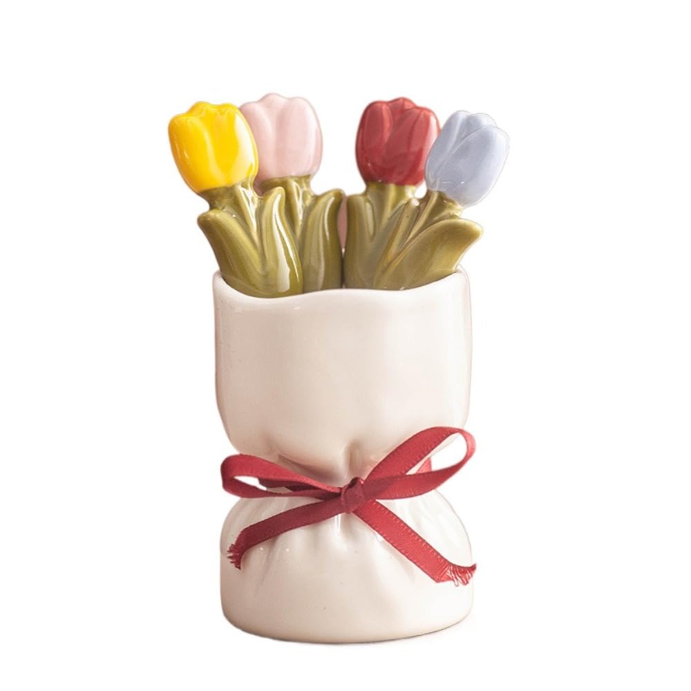 Set di 4 forchette da frutta, forchette da dessert decorative con barattolo, in ceramica, riutilizzabili, per la decorazione della casa (bianco)
