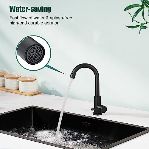 Matte Black Cold Water Only Kitchen Faucet Single Handle 1 Hole Deck Mount 360 Degree Swivel Spout High Arc Sus304 Stainless Steel Sink Bar Tap Goose Neck With Hose(Drain Not Included) #TOP6