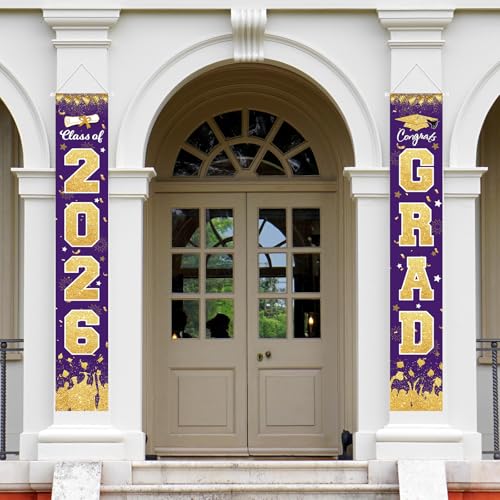 Image of 2026 Graduation Party Decorations - Purple Gold Class of 2026 Congrats Grad Porch Sign Banner Hanging Flag Graduation Party Supplies for School College Classroom Decor