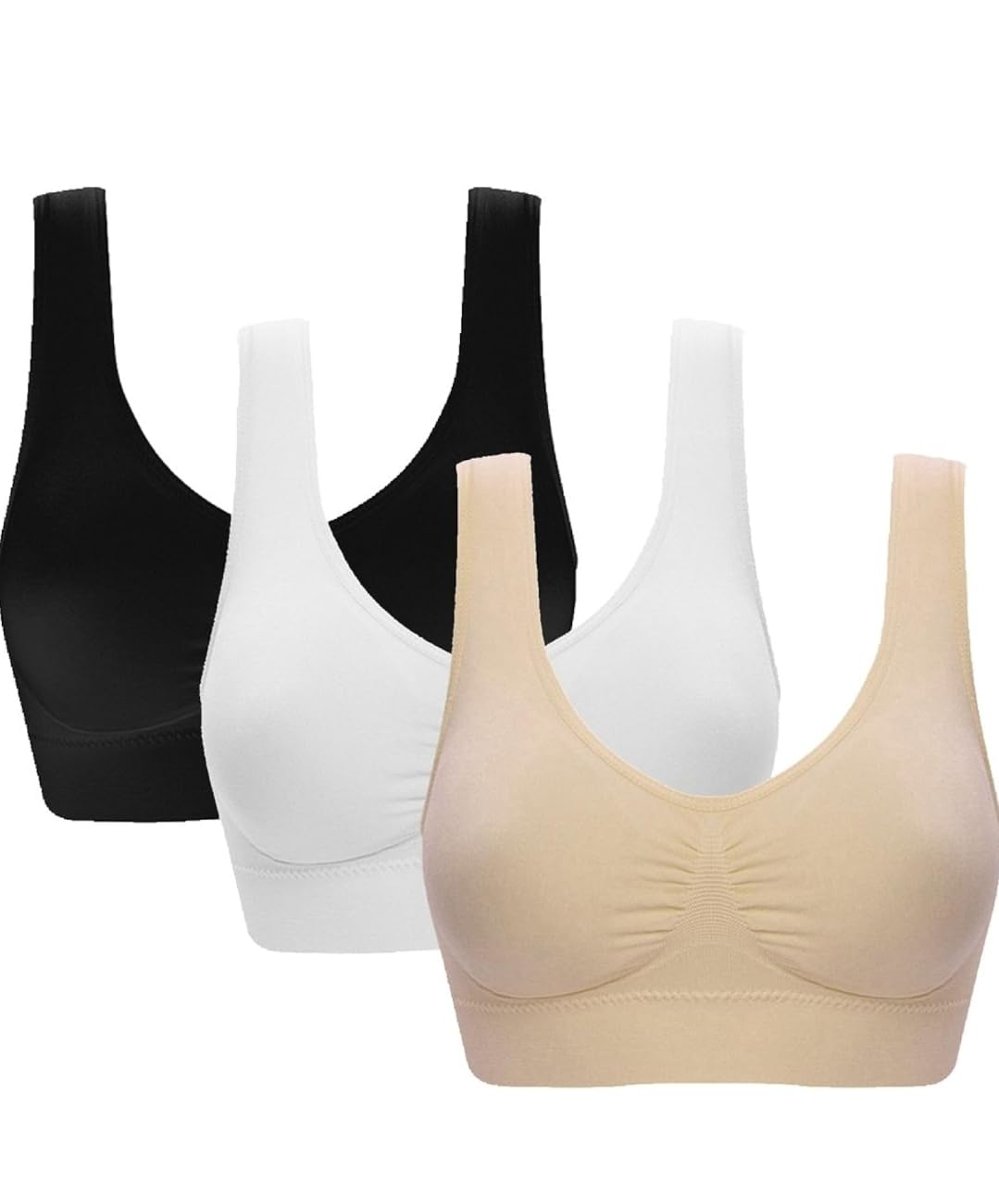 PBE 3 Pack Padded Comfort Bra Women Girls Crop Top Seamless Bralette Sleep Yoga Stretch Vest Wire Free - 3 Pack Black/White/Nude - XXX Large