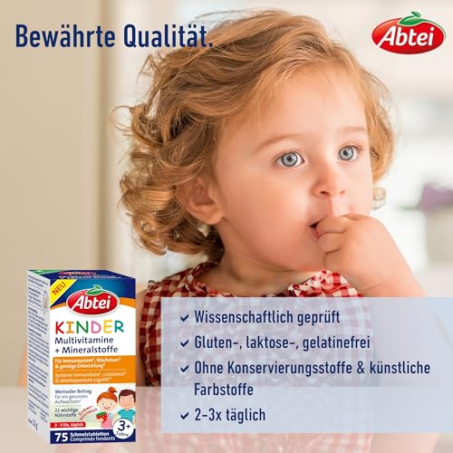 Abtei Kinder Multivitamine + Mineralstoffe - Für ein gesundes Aufwachsen* von Kindern - Ab 3 Jahren - Mit 21 wichtigen Nährstoffen - Glutenfrei, Laktosefrei, Gelatinefrei - 75 Schmelztabletten