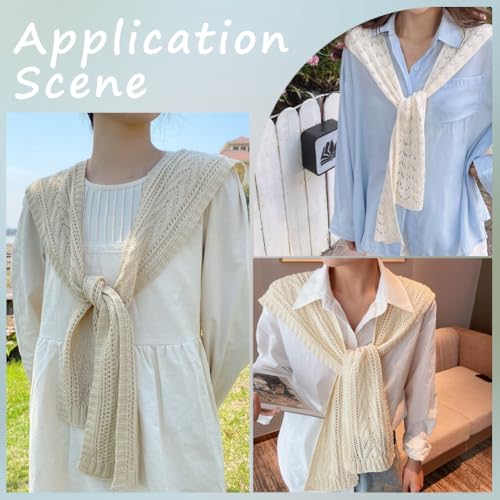 White Knit Shawl Wrap Crochet Sweater Shawls Hollow Knitted Casual Poncho Cape Scarf Blouse Shoulders Tied Detachable Knotted False Faux Collar for Women Outfit Party Dresses Accessories4
