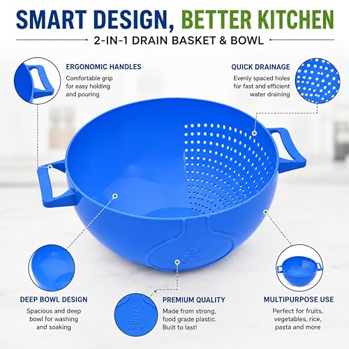 Image of Rice Washer Bowl for Kitchen | 2 in 1 Drain Basket & Colander | Vegetable Fruit Washing Bowl | Rice Cleaning Strainer Basket | Pasta Dal Washing Bowl | Food Grade Plastic