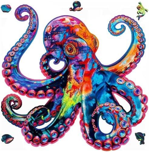 Wooden Puzzles for Adults, Octopus Wooden Jigsaw Puzzle 200 Pieces, Unique Ocean Animal Shape Wood Cut Puzzles, Creative Christmas Birthday Gift for Kids Teens Friends Family Game 11 x 11 in
