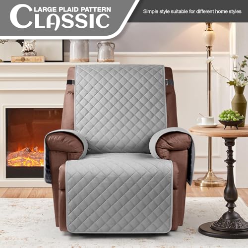 Image of KinCam 100% Waterproof Recliner Chair Cover, Reclining Couch Covers for Pets, Dogs, Recliner Couch Slipcover Furniture Protector with Elastic Straps for Kids(28 inch, Light Gray)