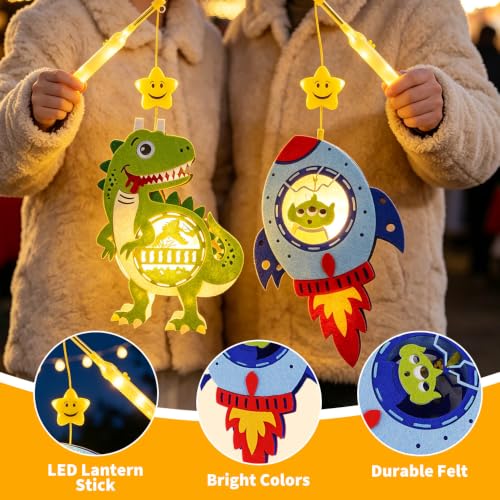 2er-Set Laternen-Bastelsets für Kinder: Dino & Rakete aus Filz, inkl. LED-Licht & Stab – für St. Martin & Halloween – Bild 4
