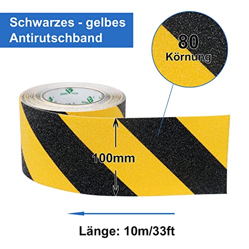 Antirutsch Streifen, 100mmx10m, schwarz-gelb, rutschhemmendes Klebeband Grip Tape für für rutschfeste Treppenstufen im Innen- und Außenbereich, BOMEI PACK