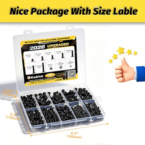Image of KADRICK 325Pcs M5 Countersunk Screws,M5 Flat Head Screws,Phillips Bolts Nuts Washers Assortment Kit,Zinc Plated,Lenth of 8MM-30MM