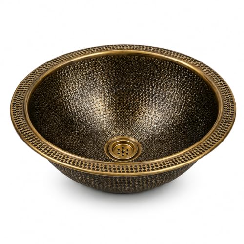 Aurea Brass Handmade Hammered Vessel Sink, 12-Inch Round Above Counter Bathroom Basin with Drain, Solid Brass, Antique Brass