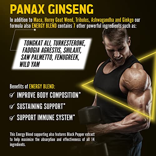 Premium Panax Ginseng 14 In 1, 13X Potency, High Strength Capsules With Horny Goat Weed, Ashwagandha, Gingko Biloba, Tongkat Ali. Energy, Stamina & Performance Supplement For Men & Women, 120 Capsules #TOP4
