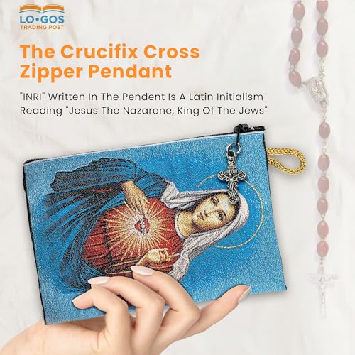 Image of Catholic Rosary Pouch, 4 inch x 6 inch Jewelry & Coin Purse with Cross, Small Woven Tapestry Icon Bag, Bolsa de Rosario Catolico para Joyeria, Virgin Mary Immaculate Heart & Miraculous Medal Symbol, 4 inch x 6 inch