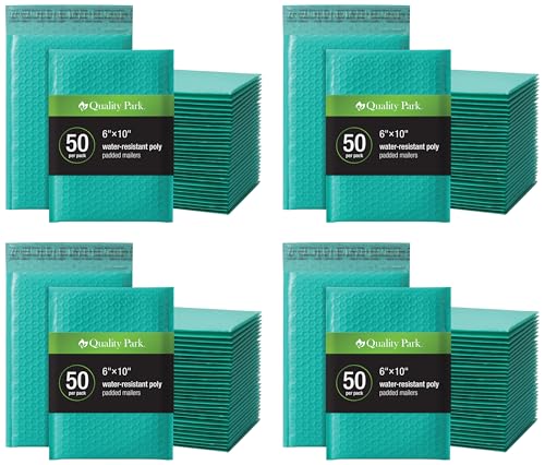 Image of Quality Park Bubble Mailers, 6 x 9 Inch, Teal Poly Mailers, Padded Envelopes, Shipping Envelopes, Water Resistant, Self Seal, 50 Per Box (QUA85857) (Pack of 4)