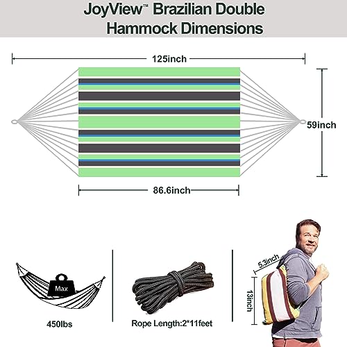 Image of JoyView Brazilian Double Hammock with Hanging Ropes Extra Large 86.6x59 inch Portable Cotton Hammock for Patio Backyard Porch 450LBS Weight Capacity Perfect for Outdoor /Indoor - Green /Black Stripe