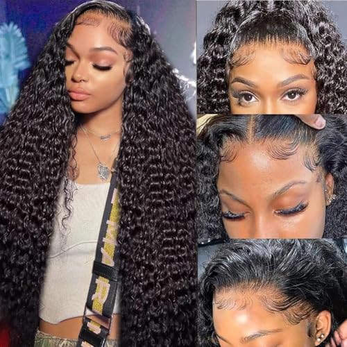Image of Lace Front Wigs Human Hair Water Wave 13x4 Lace Frontal Wigs for Women Wet and Wavy Lace Front Wigs Deep Wave Human Hair Wigs Pre Plucked Natural Black Color 180 Density 28 Inch