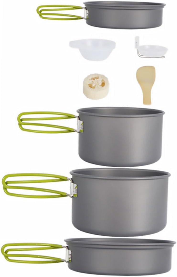 1set Portable Camping Cooking Pan Kit Nonstick Cookware for Outdoor Hiking Includes Frying Pans Bowls Spoon Spatula Convenient Storage Mesh Bag Black