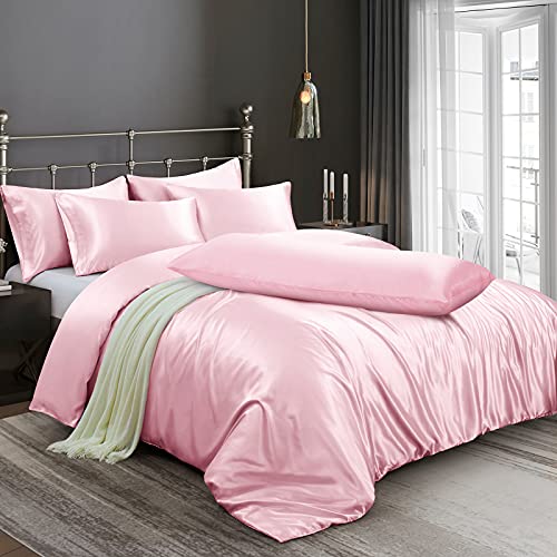 Image of Ersmak 6 Pieces Satin Duvet Cover Full /Queen Size Luxury Silky Bedding Duvet Cover Set with 1 Soft Duvet Cover, 4 Queen Pillowcases and 1 Body Pillowcase, Blush Pink