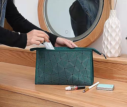 Image of Makeup Bag for Women, Diamond Pattern Makeup Bag with Zipper Large Capacity Travel Toiletry Bag - Green