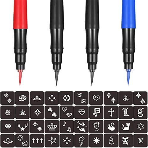Temporary Tattoo Marker with Fine Tip, Precision Series, Assorted Colors, Pack of 4 Markers Red/Black/Black/Blue + 40 Stencils