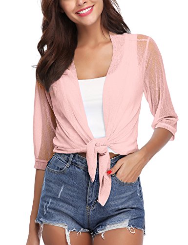 iClosam Womens Tie Front 3/4 Sleeve Sheer Shrug Cropped Bolero Cardigan Pink