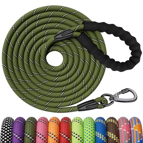 Kdsvakd Training Lead for Dogs, 1.5m / 5ft Dog Rope Lead with Carabiner Clip and Padded Handle, Reflective Recall Puppy Leash for Puppy, Small, Medium, Large Dog, ArmyGreen