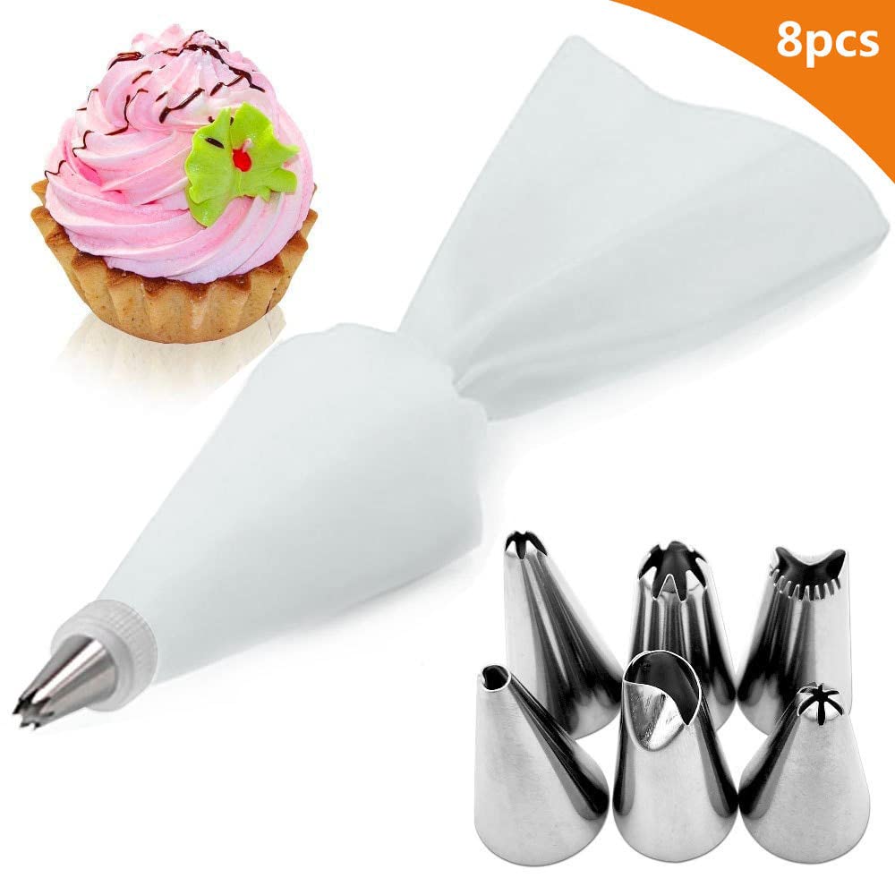 Set de sacs d'encadrement, 7pcs Stainless Steel Nozzle Premium Framing Bag Set, Professional Framing Bag Set for Cake, Tart, Biscuit Decoration, Reusable
