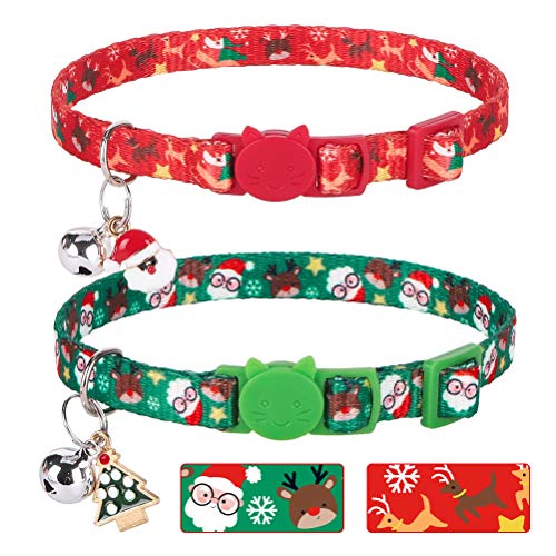 EXPAWLORER Christmas Cat Collar Set - Adjustable Breakaway Cat Collars with Bell & Pendant, 2 Pack