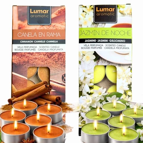 Velas Aromáticas Tealight Pack 40 – 20 Jazmín de Noche y 20 Canela – 5h Duración – Velitas para Relax, Meditación, Ritual y Decoración del Hogar