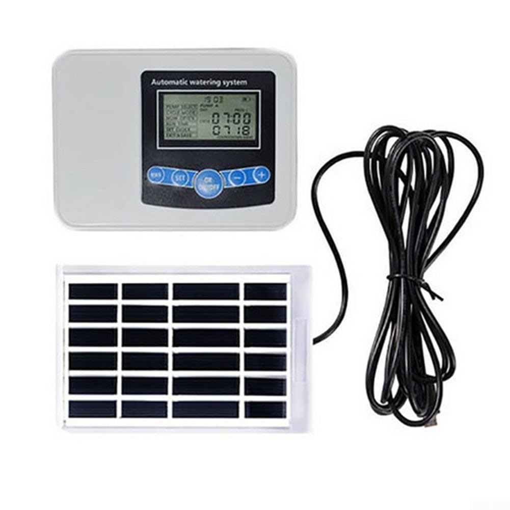 Zoegneer Solarbetriebener Rasensprenger mit Doppelpumpe, Bewässerungs-Timer mit eingebauter 1200 mAh Lithium-Batterie, USB-Aufladung, regendicht, leiser Kupfermotor, einstellbarer Durchfluss
