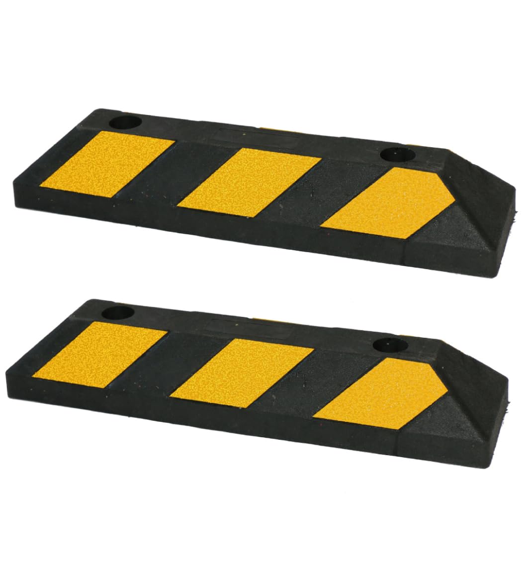 AUA SIGNALETIQUE - Butée De Roues pour Garage Parking Jaune/Noir en Composites Recyclés (Pack de 2) avec Fixations Fournies