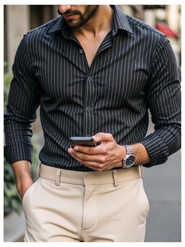 GORGLITTER Men's Striped Button Down Dress Shirt Long Sleeve Collar Office Work Tops3