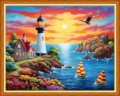 Image of Foxhool Beginners Cross Stitch Kits Stamped Full Range of Embroidery Kits for Adults DIY Cross Stitches kit Embroidery Patterns for Needlepoint kit-Seaside Lighthouse 16x20 inch