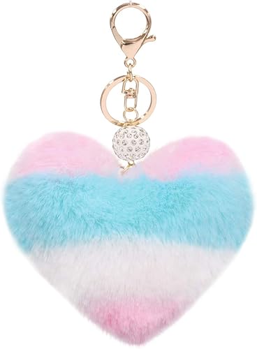 Llavero de piel sintética con pompón de corazón para mujer, accesorio para bolsa, llavero de puffball, dijes para mochila para niñas