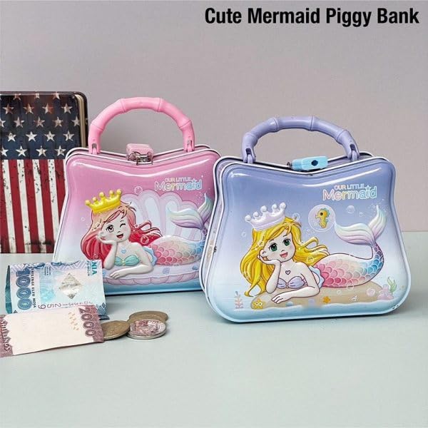 Image of Sajani Cute Cartoon Creative Portable Piggy Bank, Money Saving Box with Combination Lock, Mini Coin Bank Gifts for Boys and Girls, Best Return Gifts for Kids (Pack of 1) (Mermaid - Purple)
