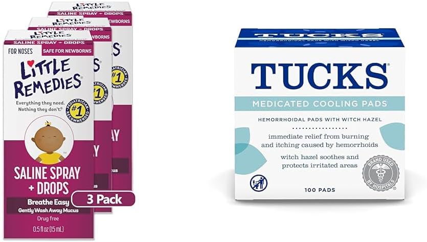 Little Remedies Saline Spray and Drops | Safe for Newborns | 0.5 Fl Oz (Pack of 3) + Tucks Medicated Cooling Pads, 100 Count
