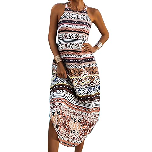Vestido Maxi de Verano para Mujer Vestido Bohemio de Playa Sin Mangas Cuello Redondo Vestido sin Mangas Vestido Midi Suelto Casual, S-3XL Cover
