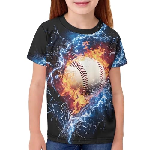 JEOCODY Fire Water Baseball Shirts for Girls Boys 15 16 Youth Athletic Short Sleeve T-Shirt Funny 3D Graphic Tees Soft Summer Top Tees