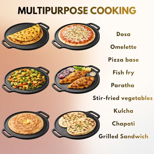 Image of Cast Iron Dosa Tawa 28 cm | Double Handle Flat Tawa for Dosa, Roti & Uttapam | Pre-Seasoned Cast Iron | Gas & Induction Compatible (28 cm)