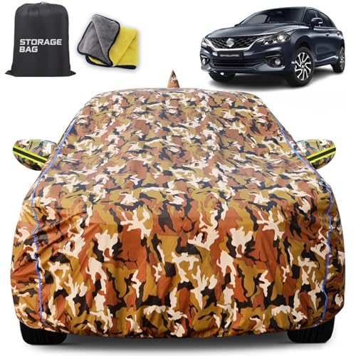 Image of for Maruti Baleno Car Cover for All Weather Protection with 100% Waterproof, Mirror Pockets, Soft Lining, Triple Stitched, Adjustable Belt and Bottom Elastic to Secure Fit (Army Print)