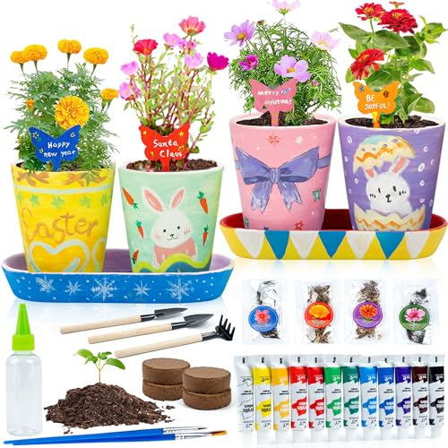 RGBDOT Kit de jardín de flores para pintar y plantar con 4 macetas, el mejor kit de arte y manualidades de cumpleaños para niños y niñas de 5 a 12 años