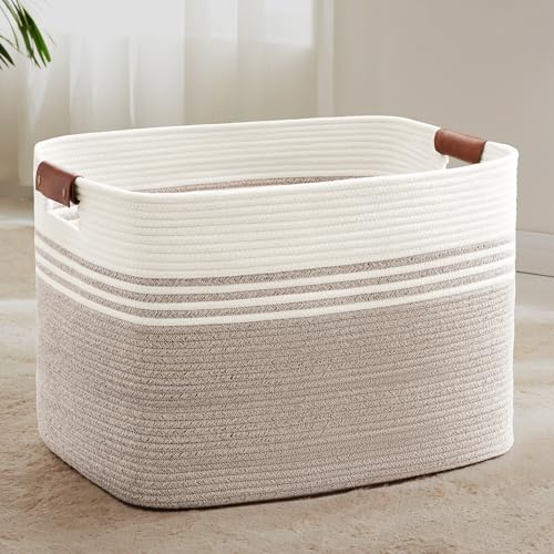 SunNewt 100L Large Woven Laundry Basket Hamper with Leather Handles,Brown​