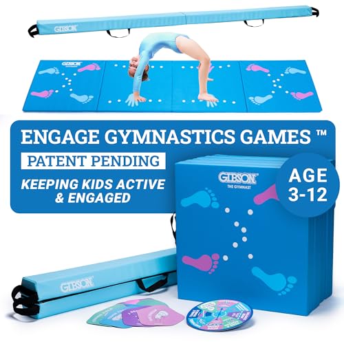 Gibson Athletic Engage Gymnastics Games, At Home Gymnastics Gym Equipment For Aspiring Gymnasts, Folding Tumbling Mat With Carry Handles, Folding Balance Beam, Spinning Wheel, Kids Exercise, Multiple Set-Up Options