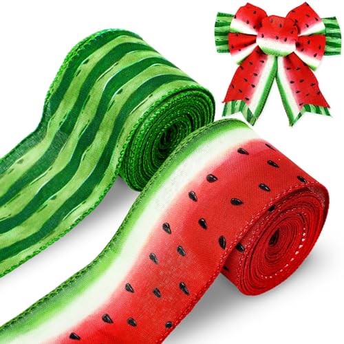 Summer Wired Edge Ribbon Watermelon Print Craft Ribbon Red Green Fruit Fabric Ribbons for Wreath Bow Making DIY Crafts Wrapping Party Decor Supplies, 2 Rolls, 20 Yard