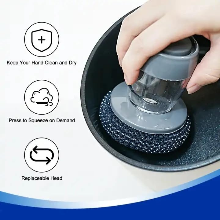 Image of Generic Dish Scrubber with Soap Dispenser and Spatula Brush, Stainless Steel, Grey (Plastic, Grey), Gray, JPLS1