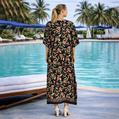 Image of Miss Lavish London Kaftan Dresses for Women Plus Size Long Batwing Sleeve Caftans, V Neck Moo Moo Printed Beach Cover Up Maxi Beach Dress, Bathing Suit Cover-Up Loungewear