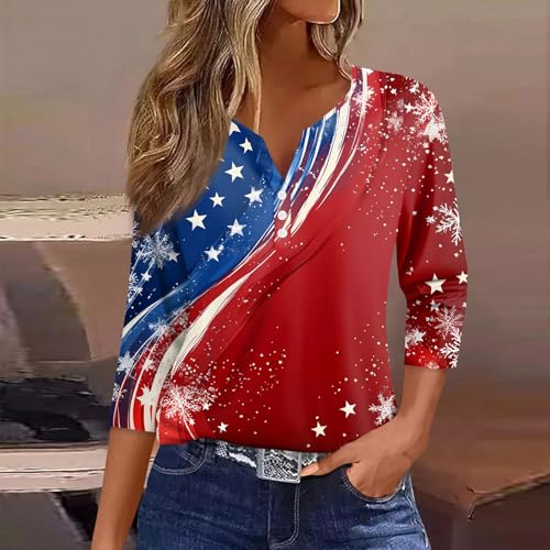 Image of 4th of July Shirts Women 3 /4 Length Sleeve Womens Tops Henley Neck Casual Patriotic T Shirts