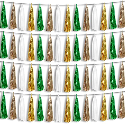 Image of 4P Sage-Green Beige-Mint Gold Foil Fringe Metallic Tassel Garland Banner, Tassels Banner Streamers for Parade Floats, Bachelorette, Wedding, Birthday, Christmas, Bridal /Baby Shower Party Decorations