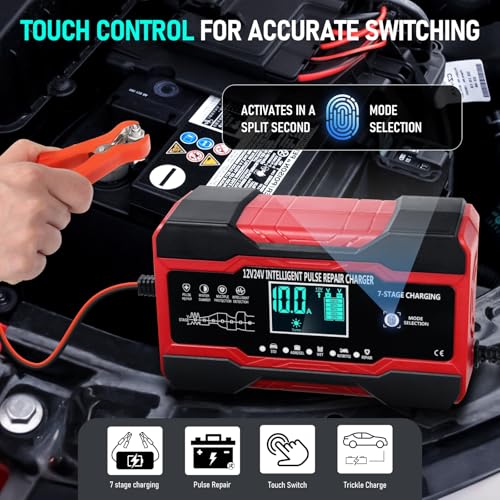 Image of 10 Amp Smart Car Battery Charger, 12 V /24 V Fully Automatic Battery Maintenance and Trickle Charger with LCD Display, Pulse Repair for Lead Acid, AGM, GEL, SLA, Wet Batteries