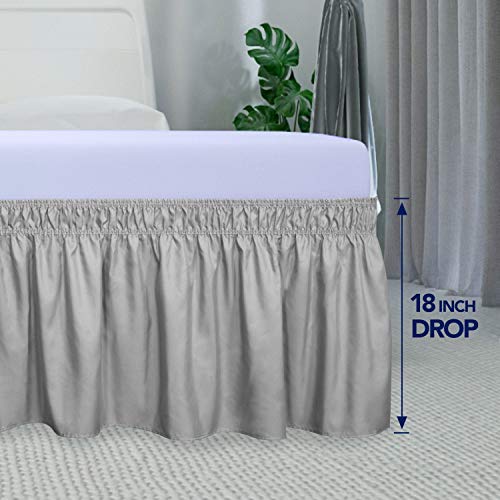 PureFit Wrap Around Ruffled Bed Skirt with Adjustable Elastic Belt - 18 Inch Drop Easy to Put On, Wrinkle Free Bedskirt Dust Ruffles, Bed Frame Cover for Twin,Twin XL and Full Size Beds, Light Gray